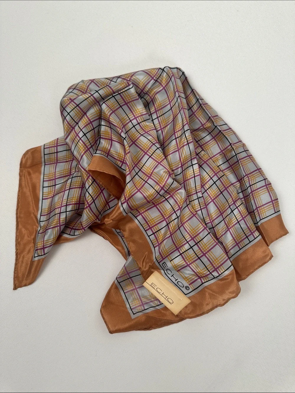 Echo NWT Vintage Plaid 100% Silk Scarf Japan Copper, Gray, Navy, Purple